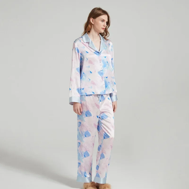 Printing 100% Mulberry Silk Female Home 2-Piece Pajamas Set 19mm Silk Pajamas Long-sleeved Trousers Suit Sleepwear for Women