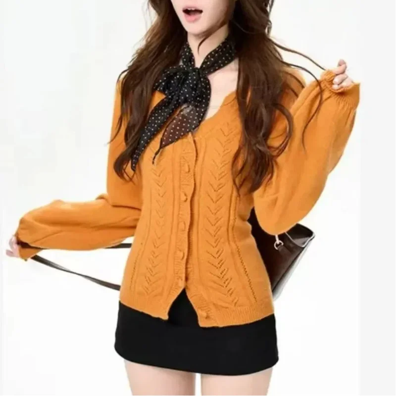 

Ранняя осень, оранжевый ажурный трикотаж, новый стиль, топ в корейском стиле, элитный приталенный свитер, утягивающая верхняя одежда, кардиган