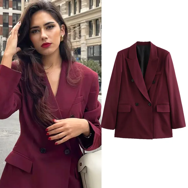 TRAF-Blazer à Manches sulfpour Femme, Veste Élégante, Décontractée, Rouge, à la Mode, pour le