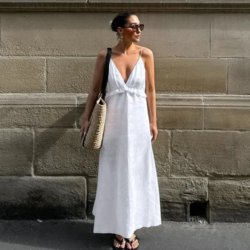 

Сексуальное платье с V-образным вырезом, свободное, с рюшами, без рукавов, с открытой спиной, повседневное, для офиса, женское, длинное, в стиле High Street