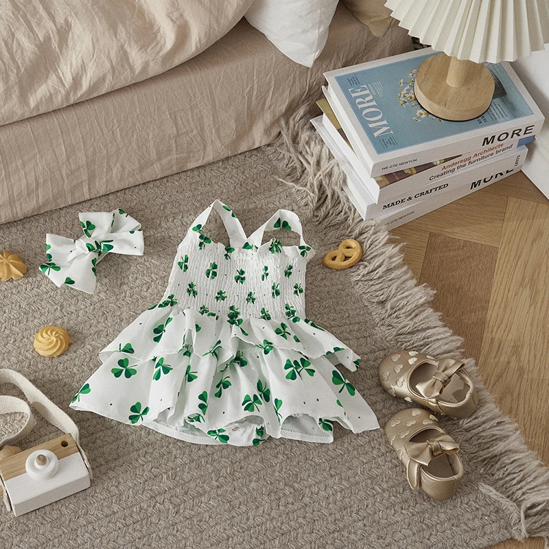Listenwind Baby Girls Irish Romper Dress For Summer Sleeveless Clover Print Sweet Romper with Headband For 0-18 Months