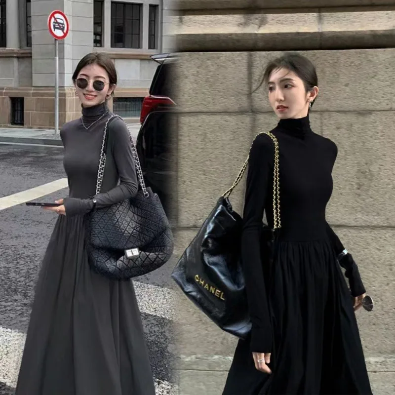 Women's New French Style Temperament High-Grade Black knit Dress Style Gray Turtleneck Dress for Women Autumn and Winter