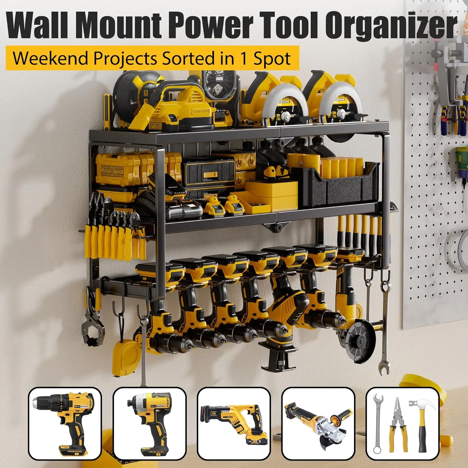 Power Tool Organizer, 7 Drill Holder for Tool Organizer, Storage and Organization for Garage, Heavy Duty Metal Tool Shelf Utilit