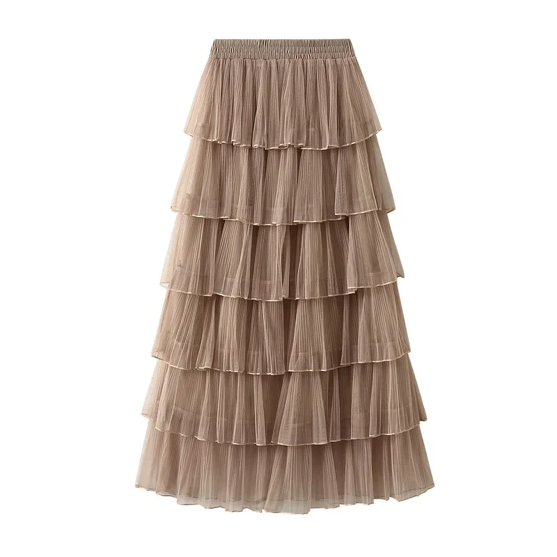 New Summer Korean Mesh Midi Skirt Women 2024 Autumn Super Fairy Layer-by-Layer Cake Skirt Female Long Over-the-Knee Beach Skirts