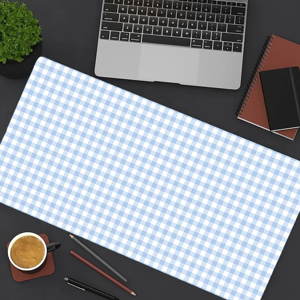 Light Blue Gingham Checkered Extended Mouse Pad Aesthetic Minimalist Large Desk Mat Non-slip Waterproof