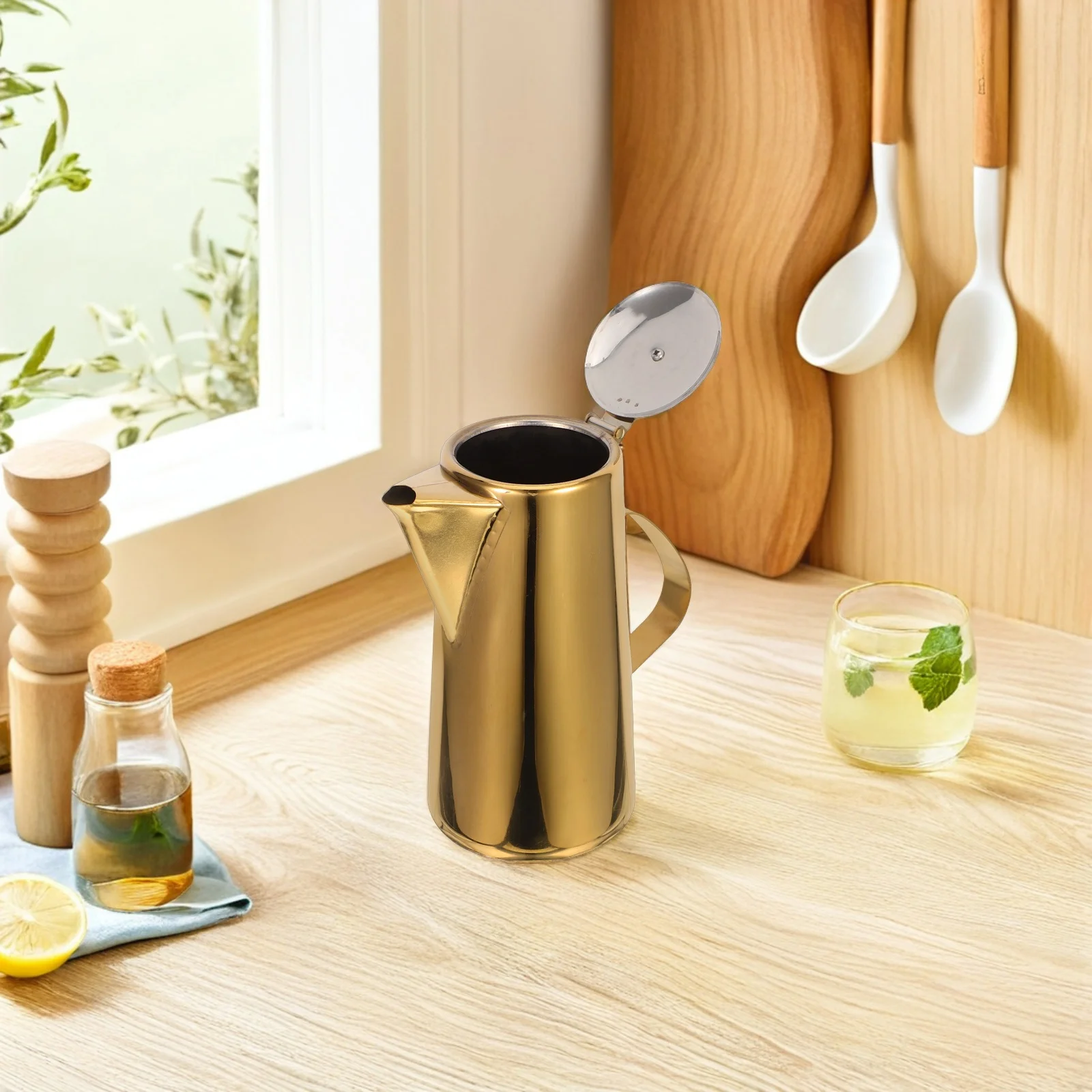 

Stainless Steel Cold Water Jug Pitcher with Lid Fruit Juice Stove Golden Heavy Duty