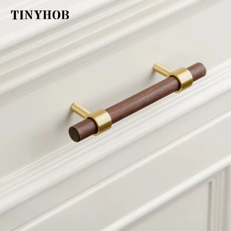 Natural Wood+brass T Bar Door Handles American Style Furniture Wooden Handle Drawer Pulls Kitchen Cabinet Knobs and Handles