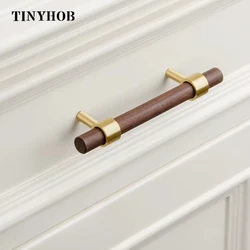 Natural Wood+brass T Bar Door Handles American Style Furniture Wooden Handle Drawer Pulls Kitchen Cabinet Knobs and Handles