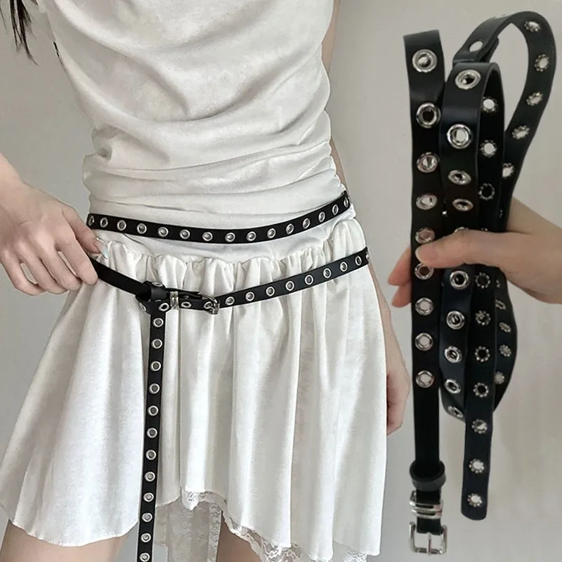 Punk Double Loop Thin Belt Retro Double Layer Waist Chain Rivet Eyelet Buckle Belts Adjustable High Quality PU Leather Belts view 2