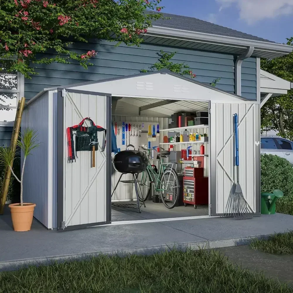 Galvanized Steel Outdoor Shed, 10x8ft, Lockable Waterproof Storage for Tools, Garden, Patio, Lawn - Durable Solutions