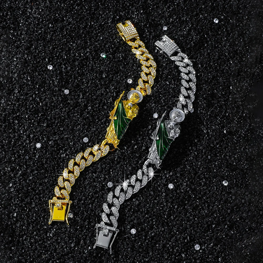 New Men Hip Hop Bling lced Out Crystal Miami Cuban Link Bracelet For Women San Judas St. Jude Taddeo Bracelets Religious Jewelry
