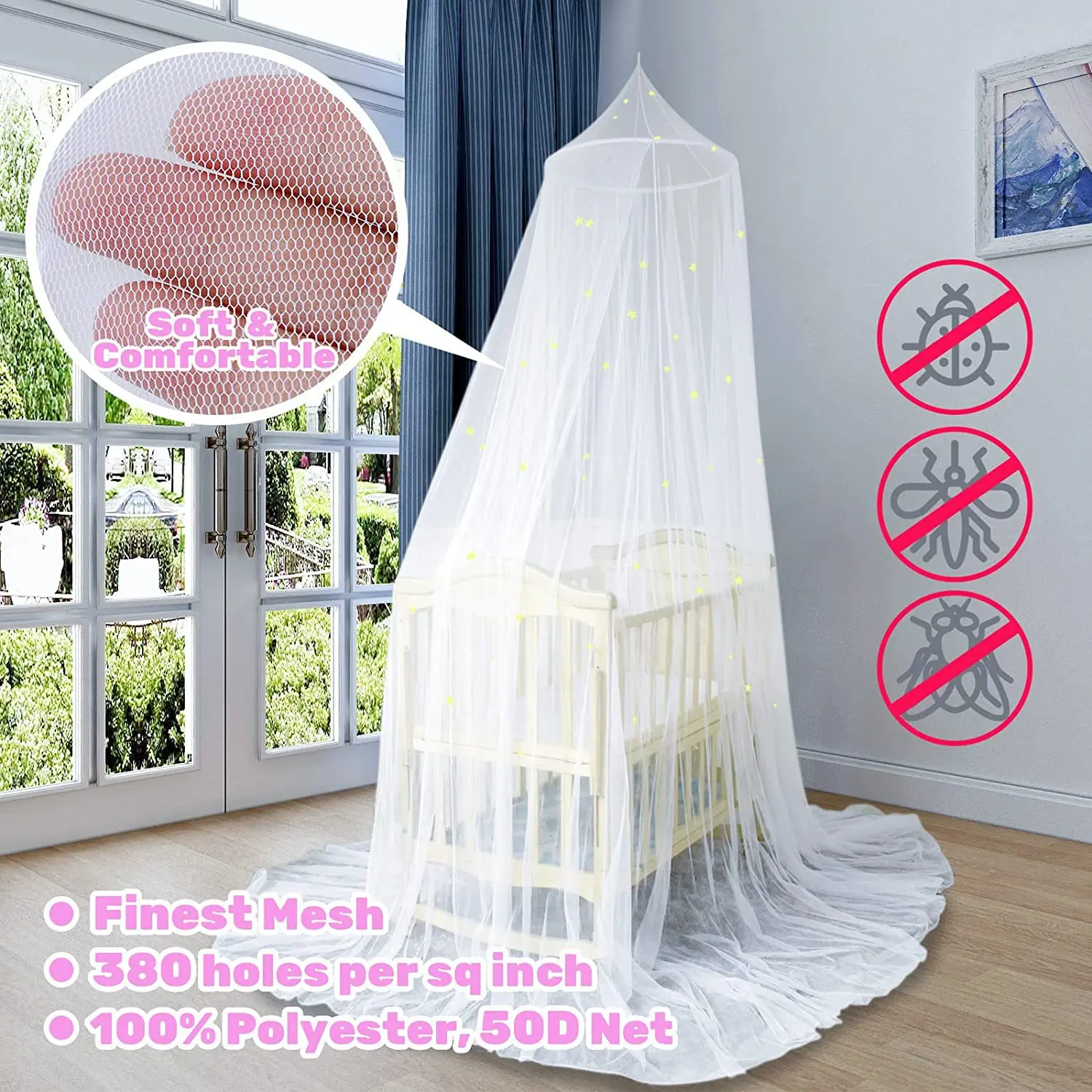 Princess Bed Canopy for Girls Room Decor Hanging Domes Mosquitoes Net for Full Size Bed Hanging Bed Canopy Mosquitoes Protection