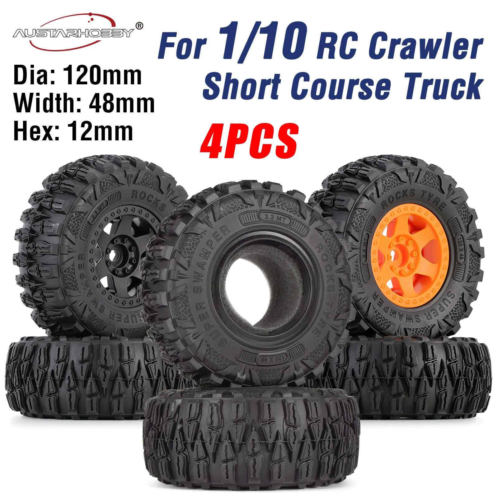 AUSTARHOBBY 2.2in 1/10 RC Crawler Beadlock Wheels and Tires Rims Set Mud Tire for Axial SCX10 TRX4 TRX-6 Short Course Truck   