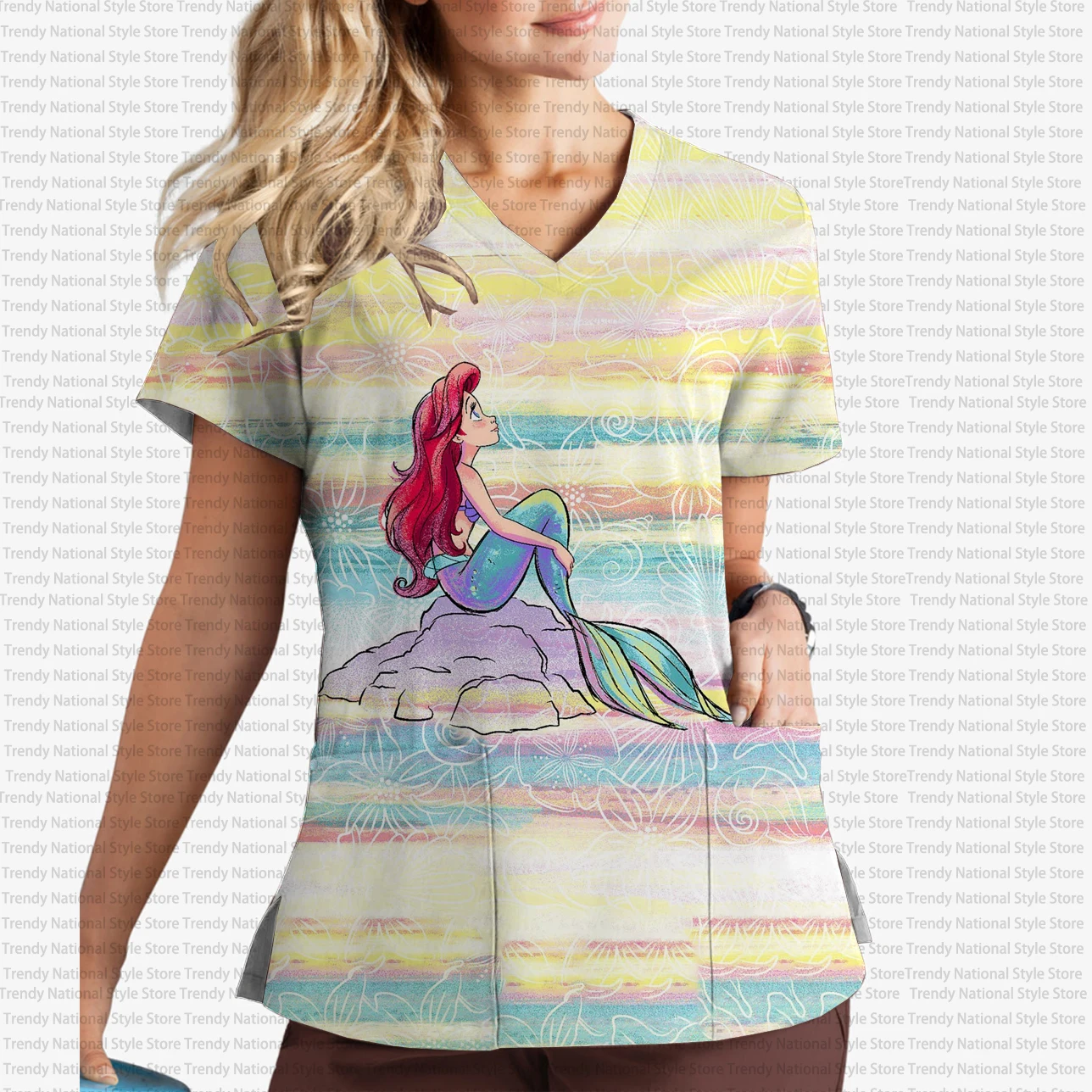 2025 nowych kobiet kieszonkowy mundurek do pracy Disney Princess Mickey Print dekolt w serek drukuj peeling Top odzież do karmienia sportowa koszulka topy