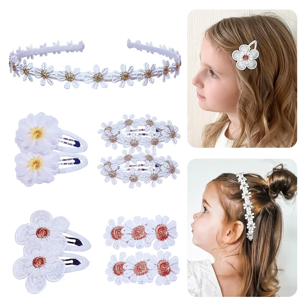 30pc/lot Daisy Flower Hair clips Newborn Baby Lace Embroidery Bows Headband Kid Girl Flower Barrettes Girls Hairpins Bulk