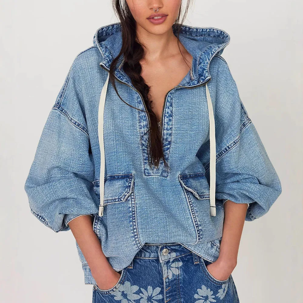 

Женский джинсовый капюшон с половиной молнии, европейско-американский осенний новый модный свободный повседневный потертый ковбойский синий топ с длинным рукавом