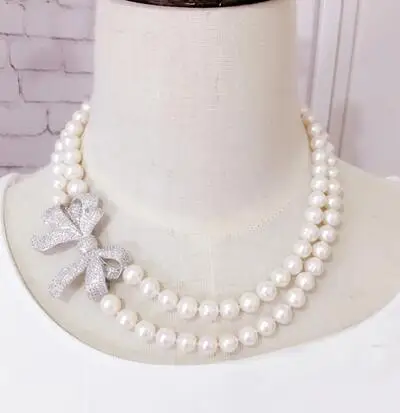 Handmade high-end natural freshwater 8-9mm white pearl micro inlay zircon stereo bowknot luxury short necklace fashion jewelry