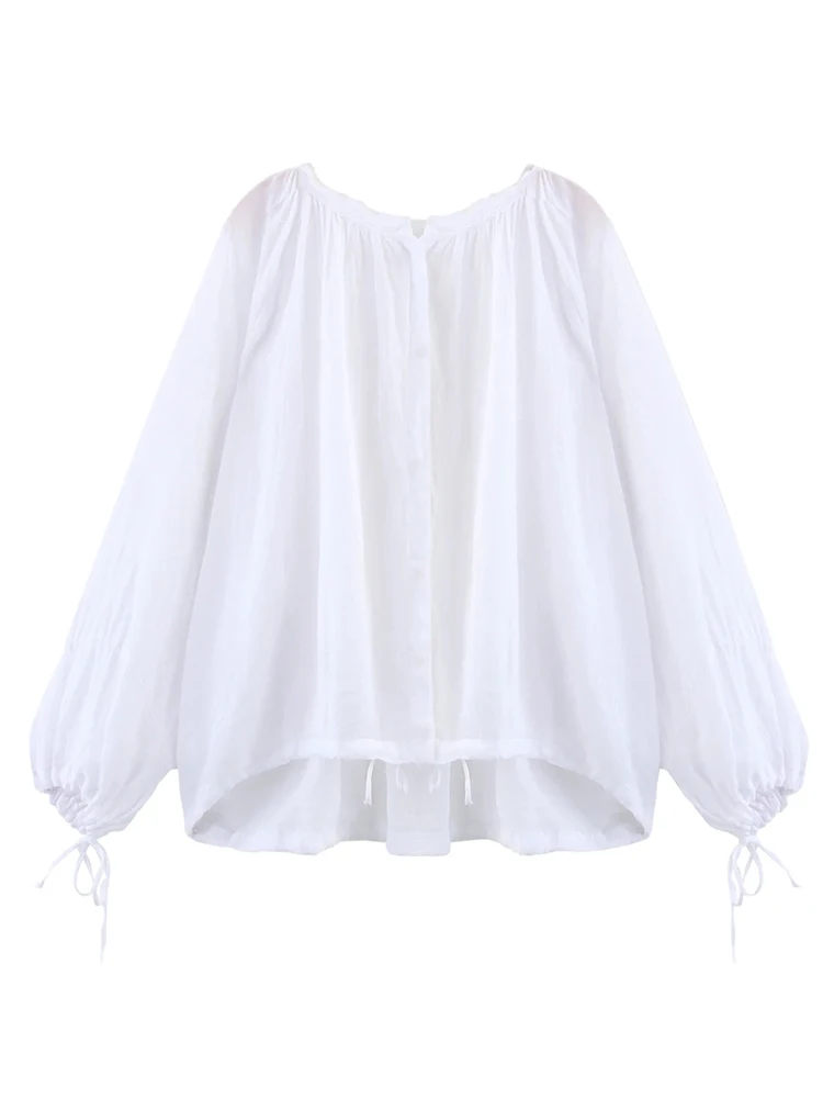 Casual Loose Shirt For Women Sexy See-Through Lace Up Long Sleeved Blouse Female 2025 New Summer Chic Sweet White Blue Shirts