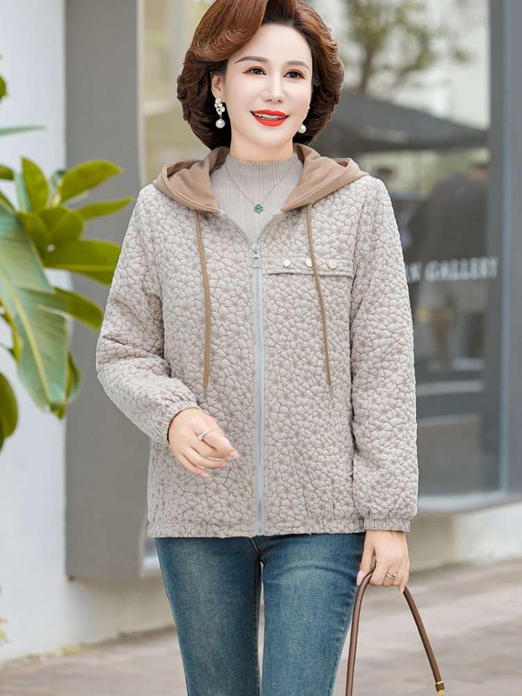 New Hooded Casual Coat Women\'s High End Mother\'s Jacket Autumn And Winter Fleece Warm Outwear With Short Zipper Basic Coat