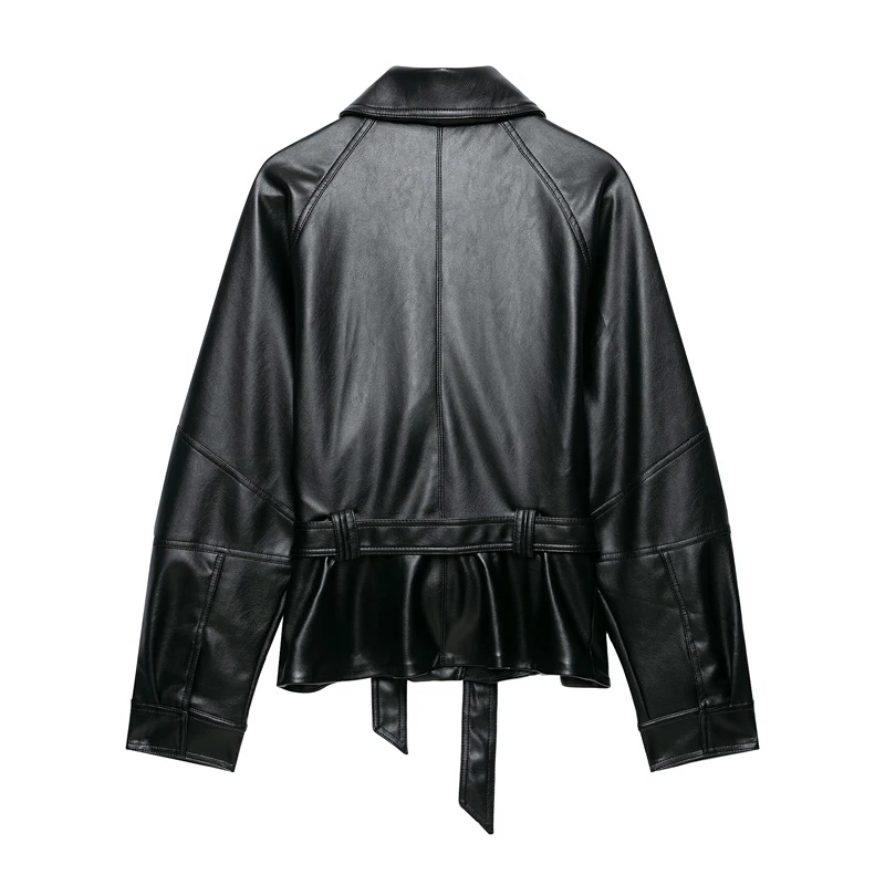 Guobioziy 2026 Early Autumn Women Moto Biker Jacket Lapel Collar Waist Tie Belt Diagonal Front Long Sleeve Casual Fashion Coat