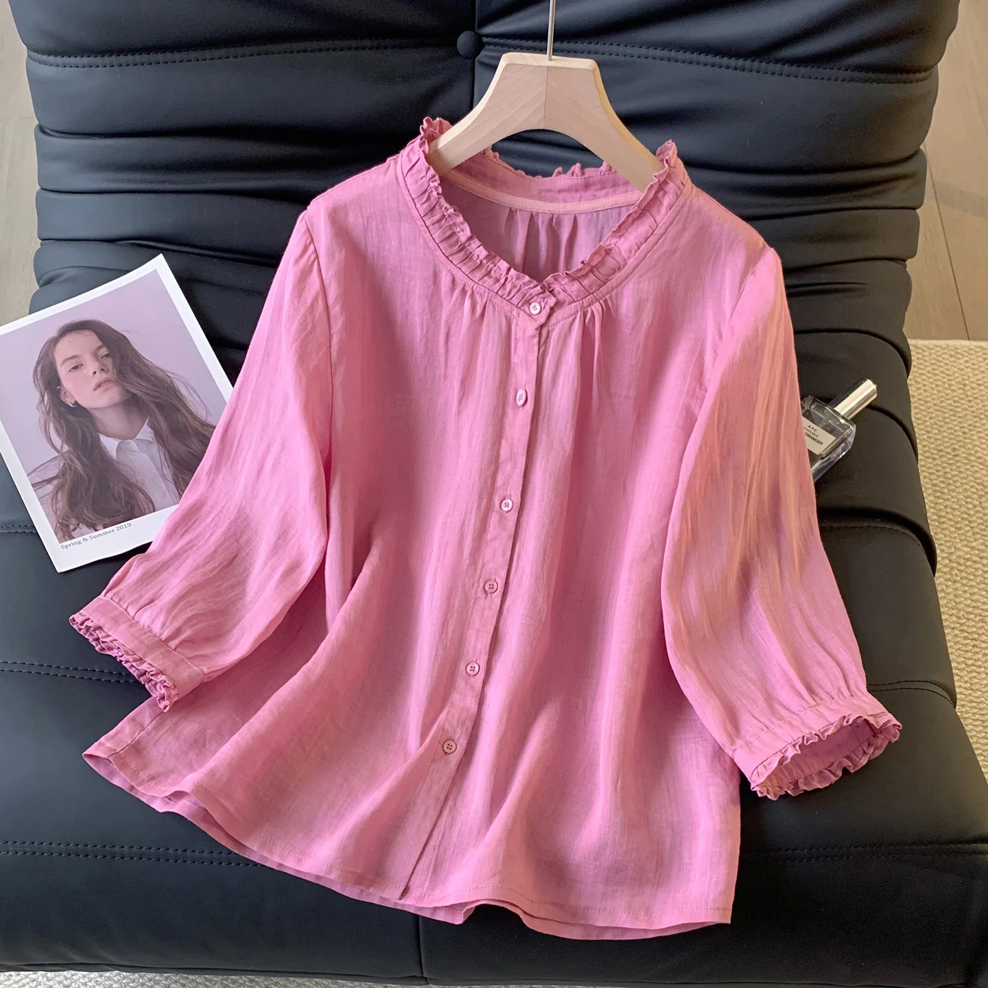

Retro Artistic Pure Color Short Sleeve Shirt Women's Thin Five-Bit Ear Mushroom Collar Summer Short Length Open Cardigan