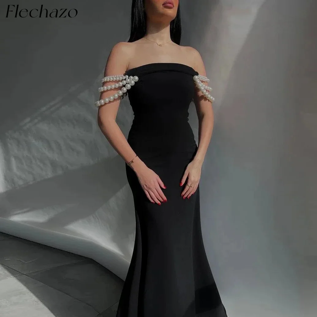 Flechazo Black Evening Dresses Strapless Off Shoulder Pearls Mermaid Elegant Formal Party Dress For Women 2024 فساتين السهرة