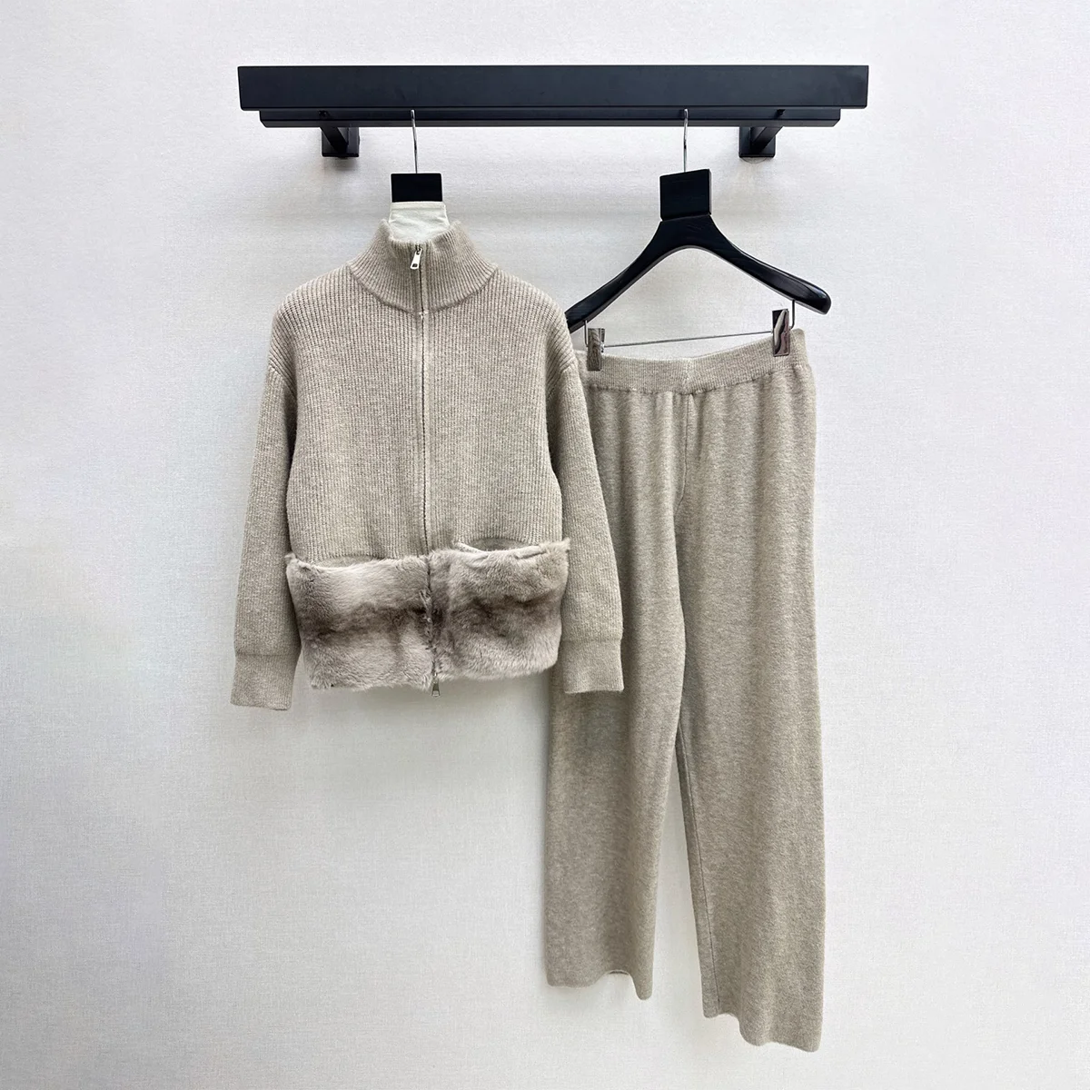 2026 Women Knit 2 Piece Set, Zip Up Turtleneck Cardigan Pocket & Wide Leg Pants261021177