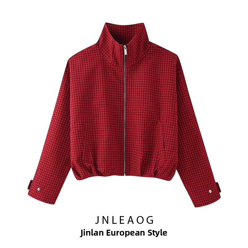 JNLEAOG Autumn New Women's Casual Comfortable Zipper Plaid Pilot Jacket Coat Standard Fit Polyester Short Outerwear