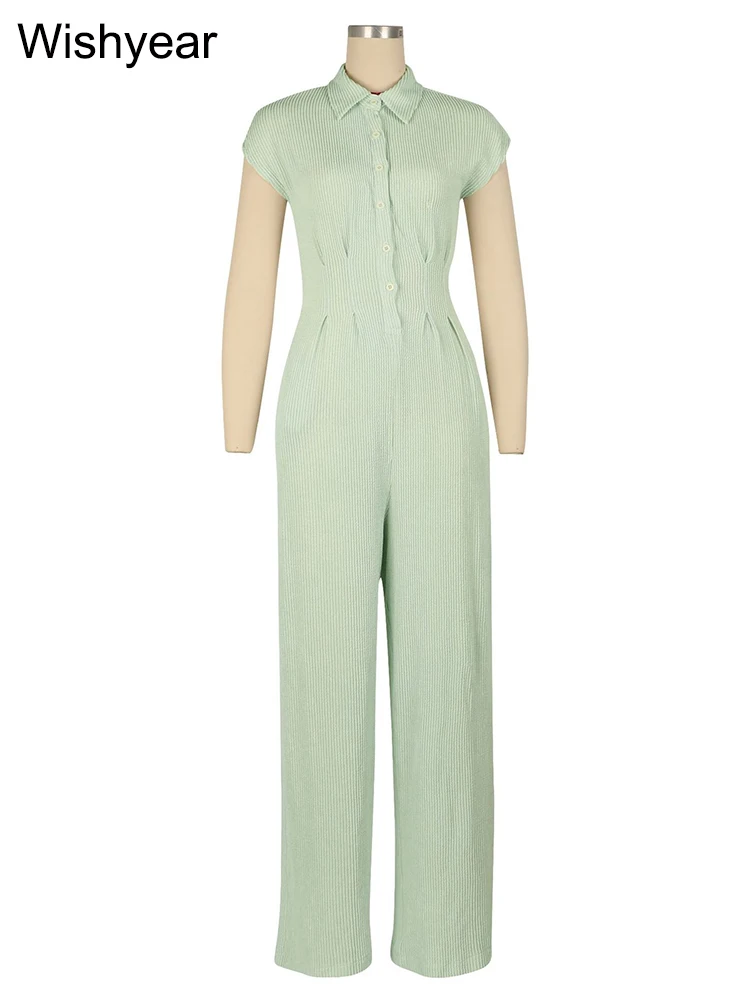 ผู้หญิงลําลองซี่โครงหลวมตรงJumpsuitแขนกุดเอวสูงชิ้นขากว้างRompersฤดูร้อนStreetwear Overalls