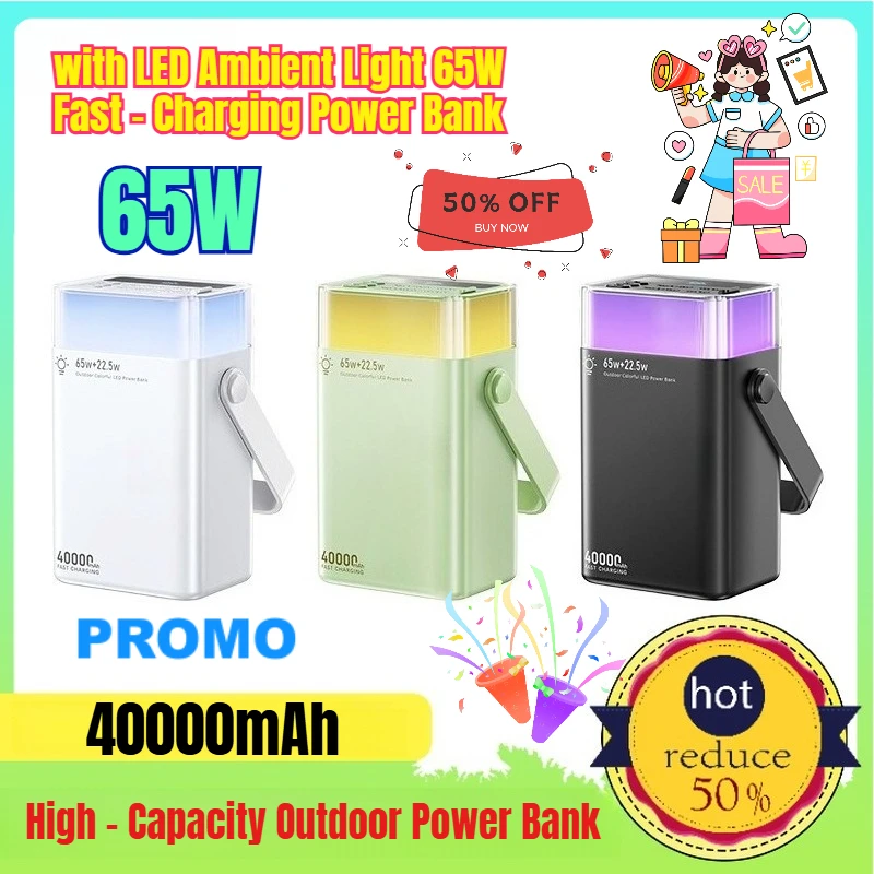 

New 40000mAh High - Capacity Outdoor Power Bank with LED Ambient Light 65W Fast - Charging Power Bank