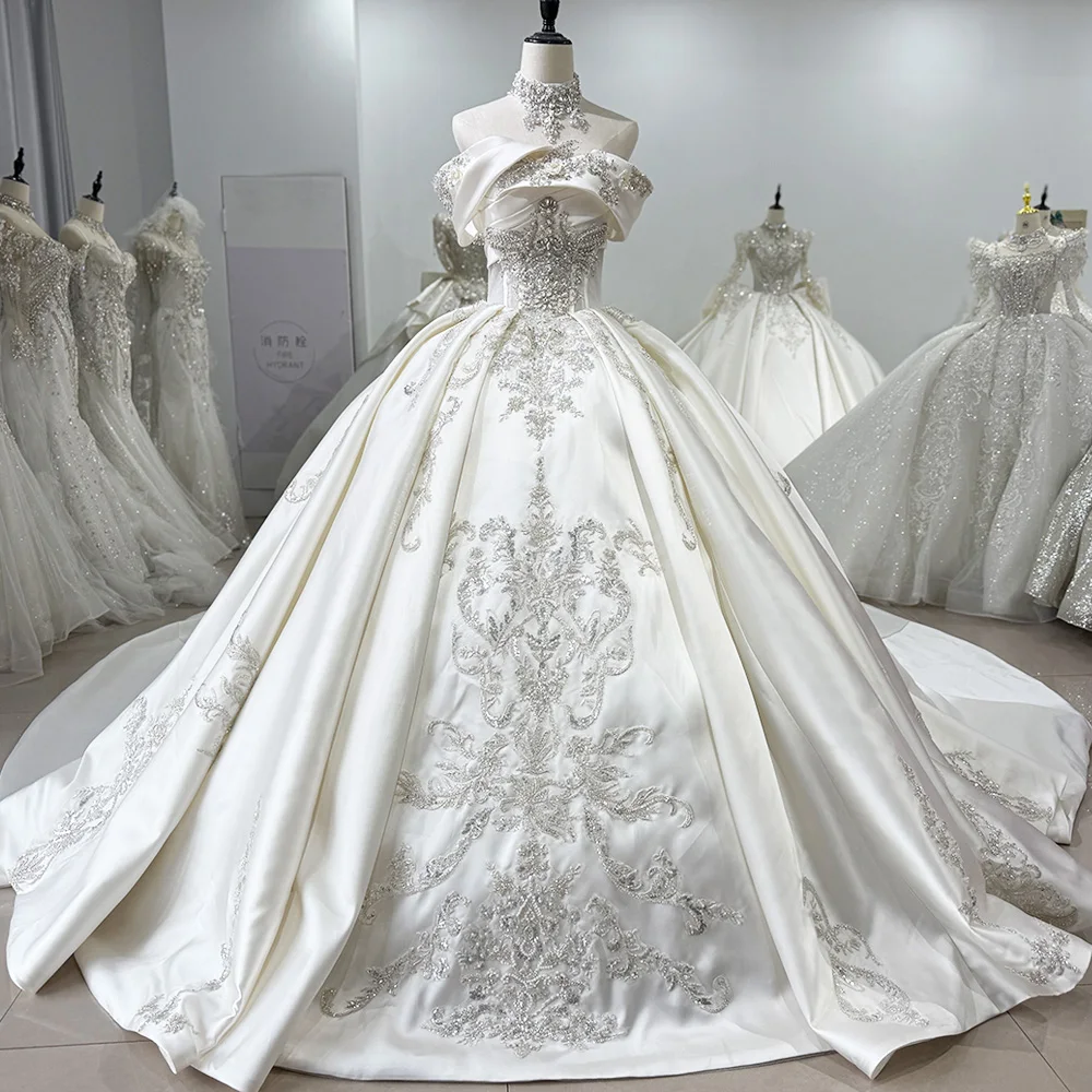 Wedding Dress Criss Cross Satin Ball Gown Lace-Up Back Rhinestone Detail Elegant Bridal Gown