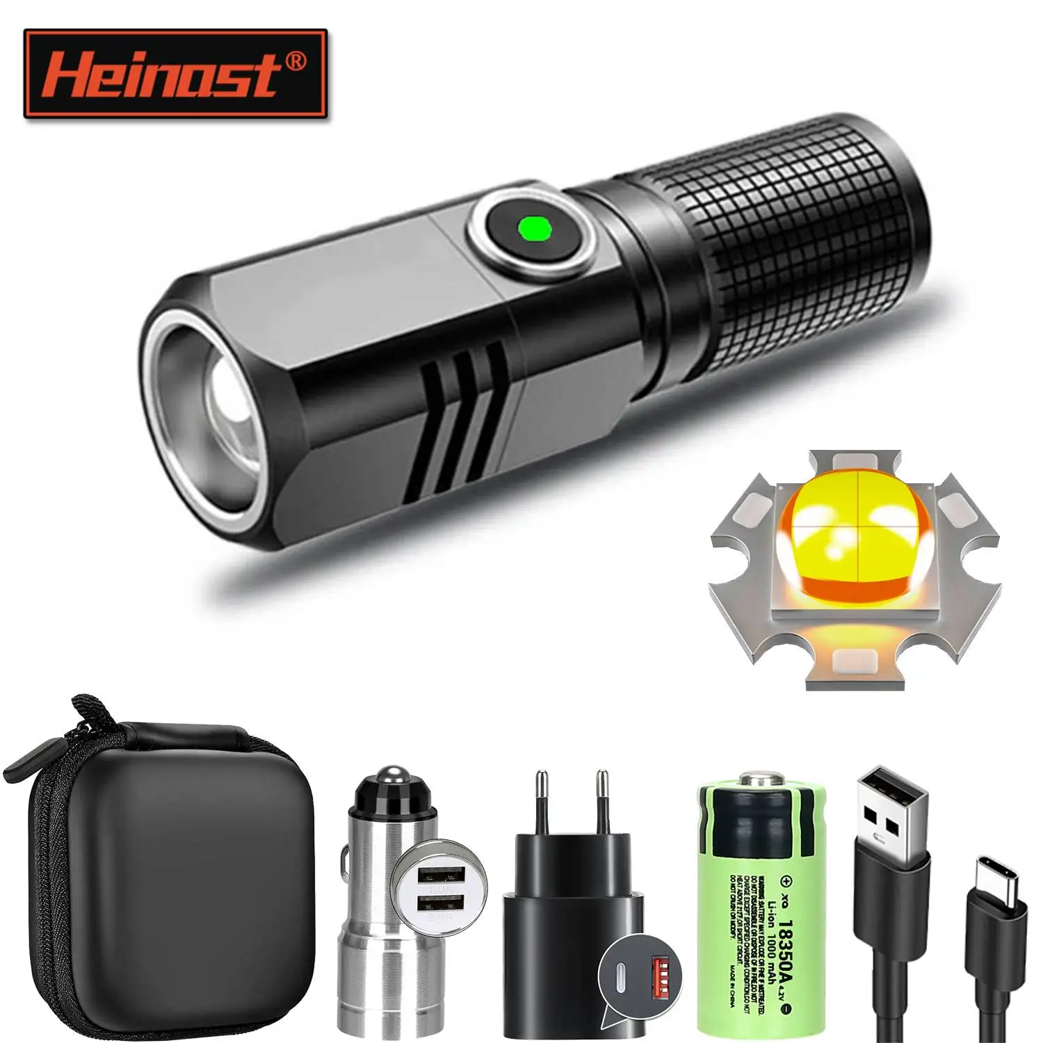 

Heinast XHP50 LED Flashlight USB C Rechargeable 18350/18650 Battery Flashlight 1500LM Powerful Torch Camping Self Defense Lamp