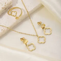 G&D Stylish Fashion Hollow Four-leaf Gold Plated Earrings Ring Four leaf 3pcs/Set Earrings Pendant Necklace for Women Jewelry