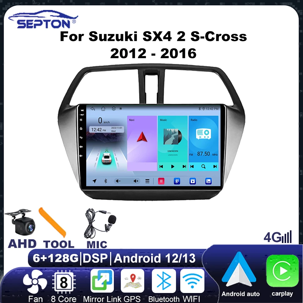 SEPTON Android Car Radio Wireless CarPlay for Suzuki SX4 2 S-Cross 2012 - 2016 4G Navigation GPS 2 Din Head Unit Audio Stereo