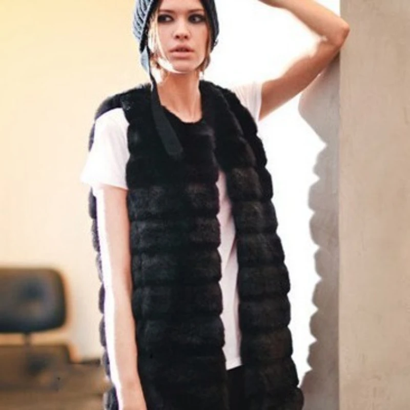Dames Winter Zwart Nepbont Vesten Strepen Effen Harige Jassen Pluizig Slank Casual Mouwloos Luxe Faux Nertsen Pluche Jas Straat