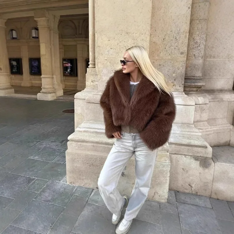Women's Thick Warm Faux Fur Jacket Lapel Collar Long Sleeve Female Outerwear Fox Hair Black Coat Winter Fashion Women Clothing