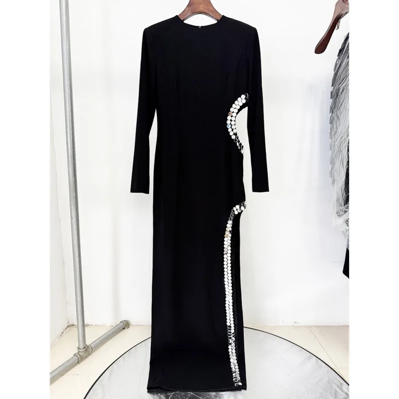 HUISONG High Street New Fashion 2025 Party Dress Women's Diamonds Beaded Slit Hollow Out Long Maxi Dress Evening Gown sb55hi