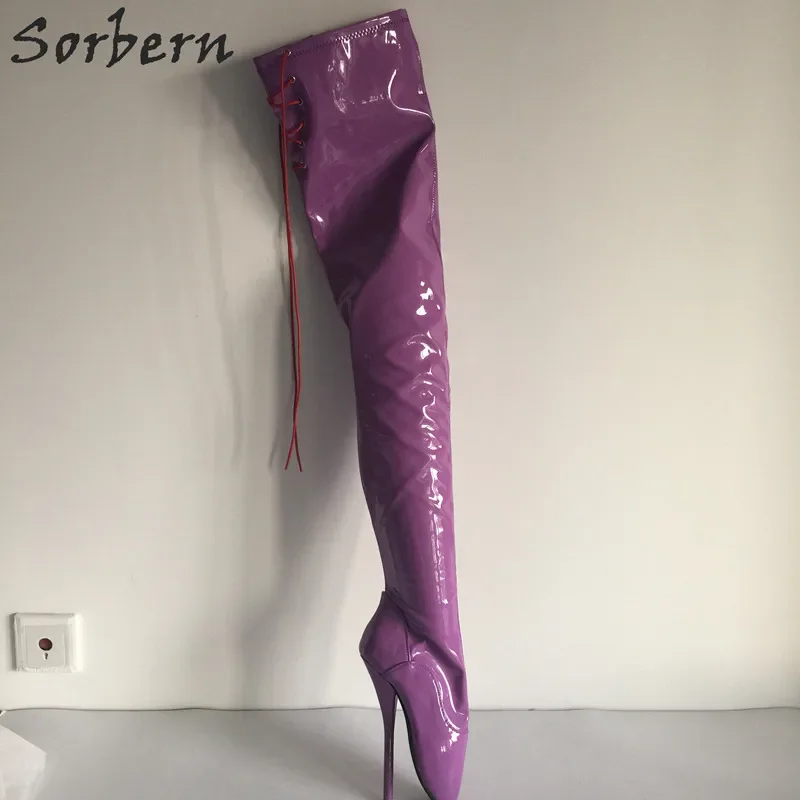 Sorbern Purple Glossy  Women Boots Ballet High Heel BDSM Pinup Shoes Side Zipper Ladies Booties Custom Shaft Length