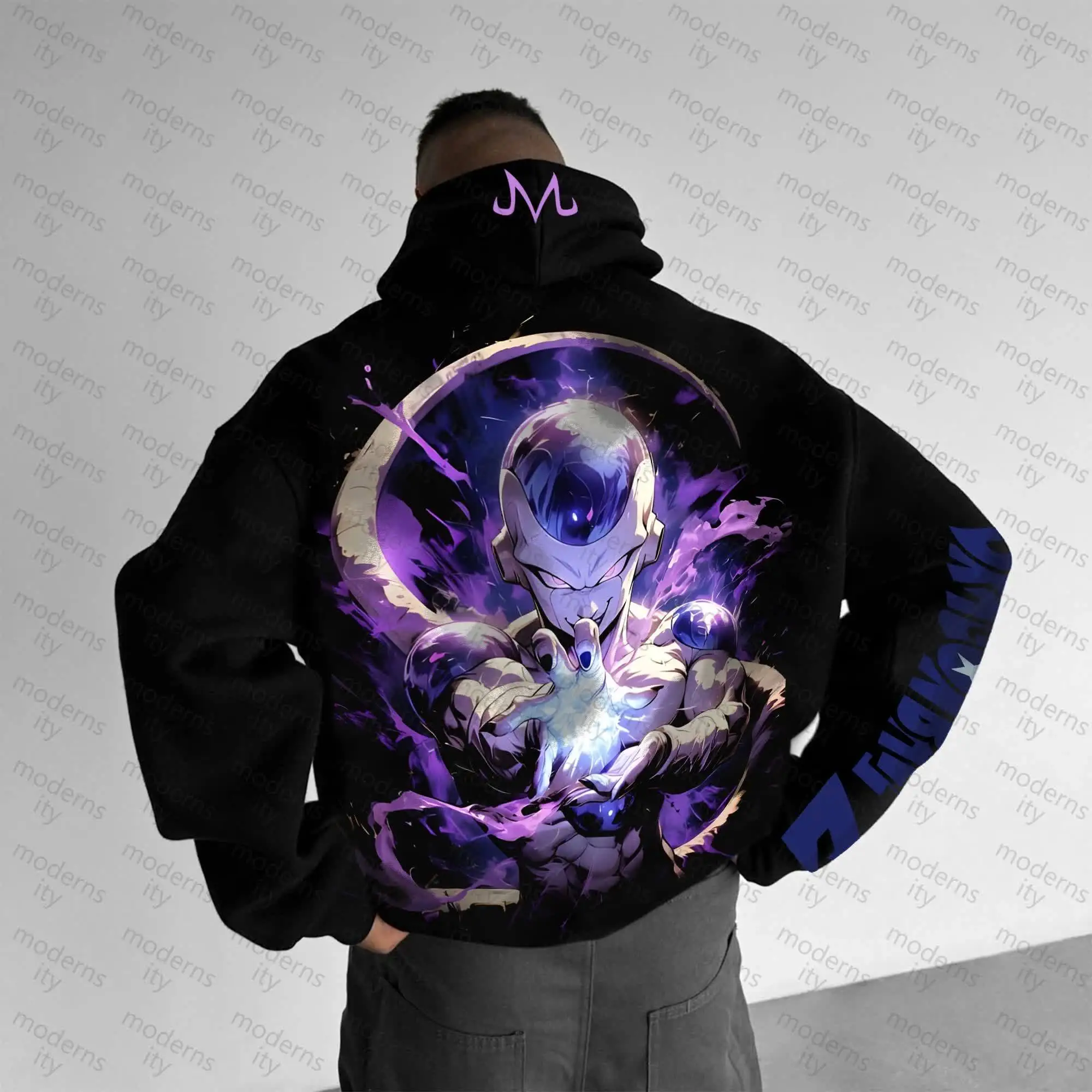 

Черная толстовка с капюшоном Dragon Ball Frieza для мужчин и женщин, пуловер с принтом персонажей аниме и фиолетовым дизайном логотипа Energy Aura и M, повседневный