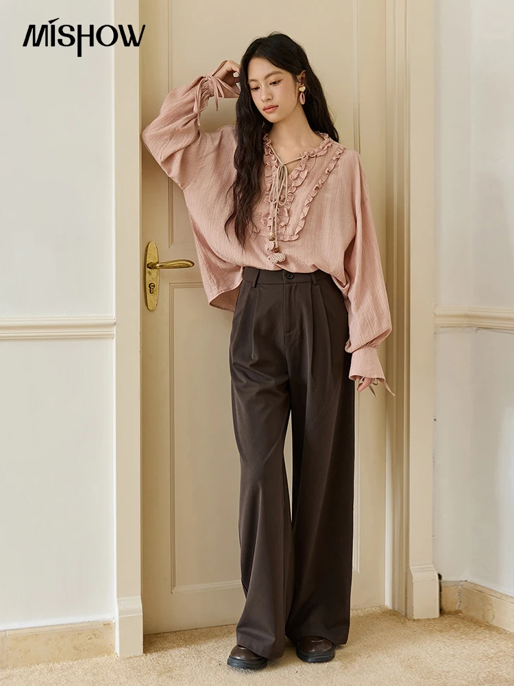 Mishow feminino sólido calças de perna larga 2025 outono moda minimalista de cintura alta calças soltas com bolsos calças mxe46k1090