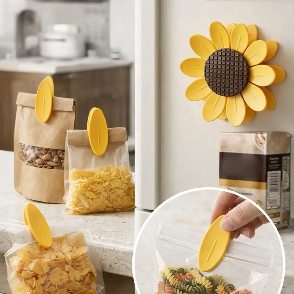 10 Stück Niedliche Sonnenblumen-Magnetverschlussclips mit Basis, Luftdichte Chip- und Snacktütenclips, Küchen-Frischhalteclips, Notizclips – Detail 3