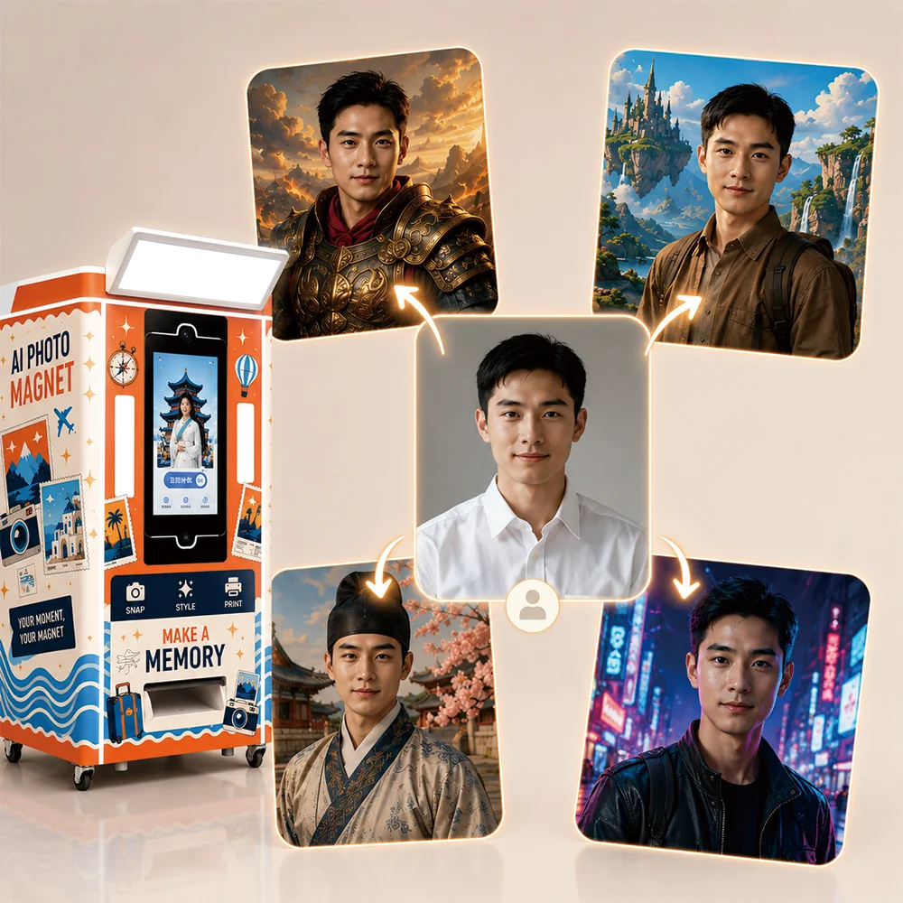 Self-Service Photo Booth Vending Machine Instant Photo Print Kiosk Can Make Photos & Custom Fridge Magnet for Mall Scenic Spot