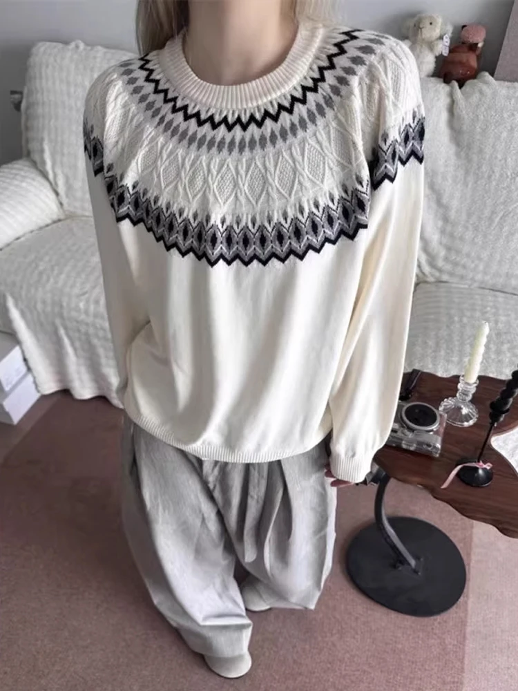 

Casual American Retro Knitted Sweater Couple Loose Long Sve Crop Top round Ne Vintage Pattern Leisurely Sle ex