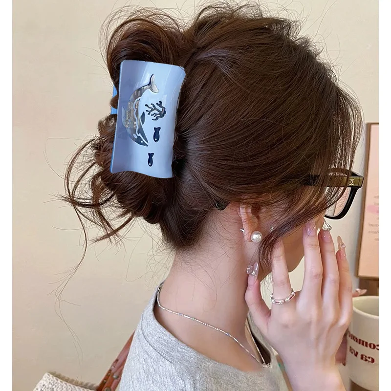 Premium Acetate Square Shark Hair Claw Blue Whale Seashell Hollow Ocean Series Textured Clip for Women