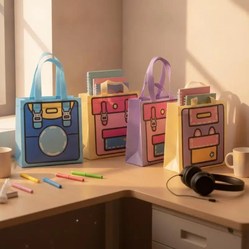 5Pcs Dopamine Color Non Woven Tote Bags Cute Lightweight Reusable Handbags for Birthday Party Gift Packaging