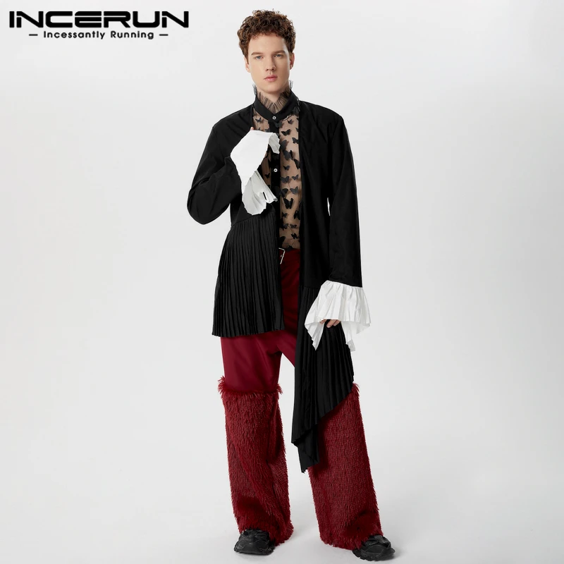 

INCERUN Tops 2024 American Style Fashion Men's Pleated Design Blazer Casual Patchwork Color Contrast Mid Length Suit Coat S-5XL