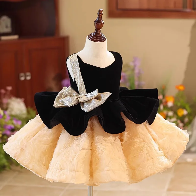 Nuevo vestido infantil con lazo grande para niñas, vestido de novia de princesa de manga corta, vestido Formal para desfile de fiesta, vestido para niños adolescentes