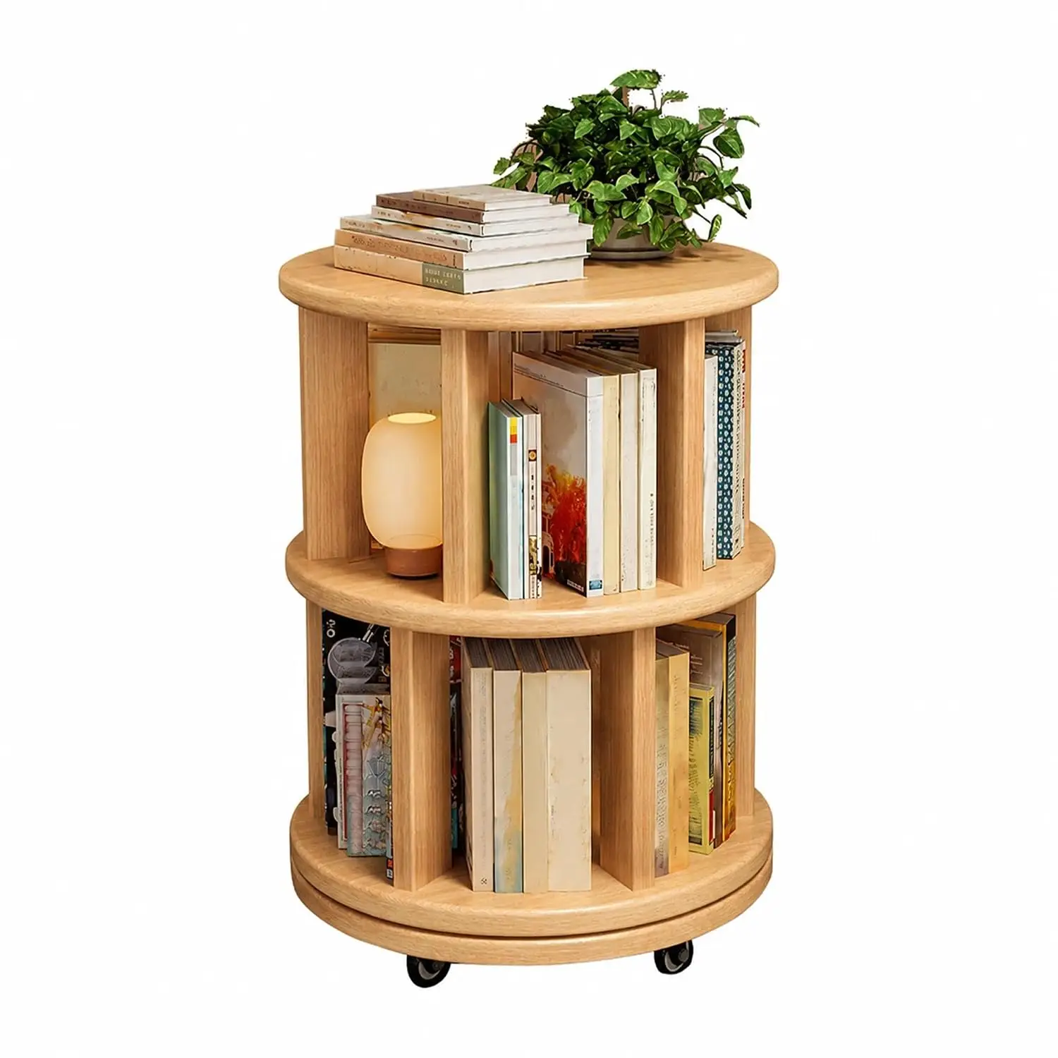 2 Tier Rotating Bookshelf Solid Wood on Wheels 360° Spinning Revolving Bookcase for Small Spaces Living Room Bedroom, Customized