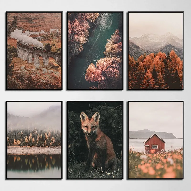 

Fox Fall Forest Nature Rustic Nordic Landscape Posters Prints Canvas Painting Modern Wall Art Picture for Living Room Home Decor