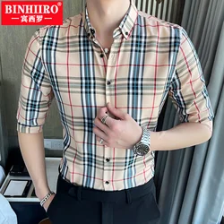 BINHIIRO Men's Seven-Point Sleeve Shirt High-Quality Vintage Plaid Lapel Shirt Summer New Lightweight Non-Ironing Slim Top Shirt